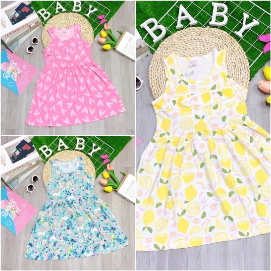 [22-40kg] Váy đầm bé gái thun cotton xuất xịn mềm mát họa tiết xinh xắn