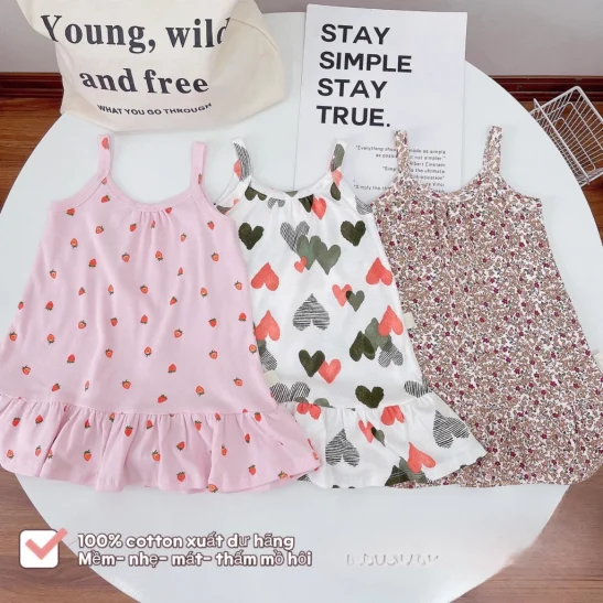 Váy Bé Gái Set 2Cái Thun 100% Cotton Xuất Mềm Mát Họa Tiết Xinh Xắn Cho Bé 10-23kg