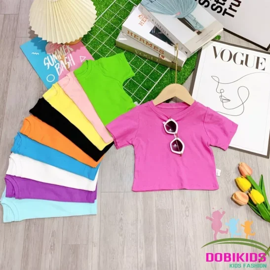 Áo thun bé gái áo croptop cộc tay cho bé thun zip cotton xuất mềm mịn co giãn cho bé 08-25kg