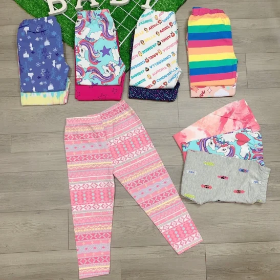 Quần Legging Bé Gái Thun 100% Cotton Xuất Dư Co Giãn Tốt Họa Tiết Xinh Xắn 9-40kg